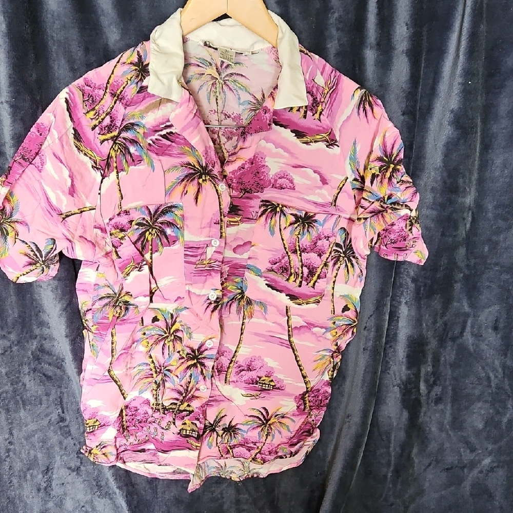 Pink and White Casual Button Down Shirt with Tropical Print